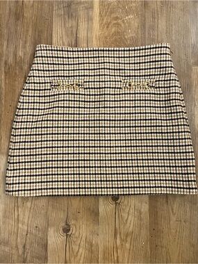 LOFT Houndstooth Mini Skirt in Beige and Black with Gold Accents